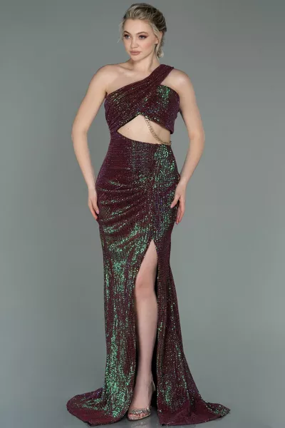 Plum One Shoulder Waist and Leg Low-Cut Long Sequin Evening Dress 