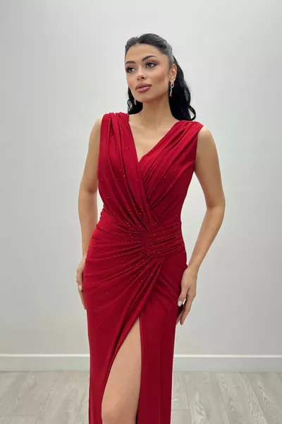 Robe Sirène En Jersey Cordon De Serrage Et Détail De Pierre - ROUGE