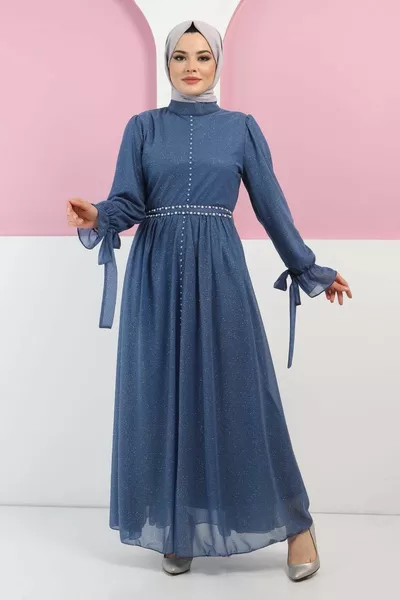 Inci Detaylı Simli Abiye Bebe Mavisi