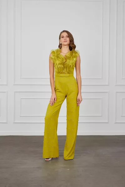 OIL GREEN Organza détail stone robe de soirée combinaison 