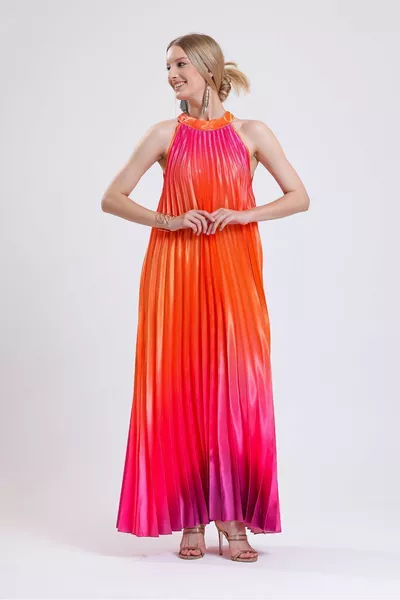 Pleated Long Evening Dress Satin Dress |  Fuchsia
