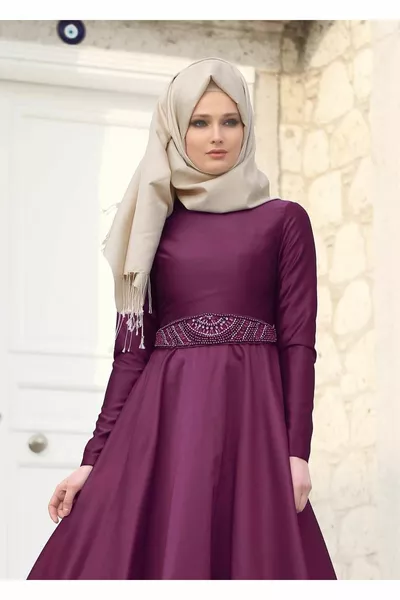 نسائي البرقوق T  Tuay Taffeta حزام مطرز مطرز فساتين السهرة