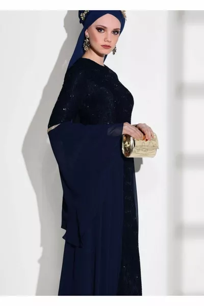 المرأة الأزرق الداكن الدانتيل الشيفون مفصلة مساء اللباس 