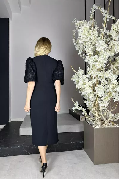  İnci Detaylı Kalem Abiye Elbise Siyah