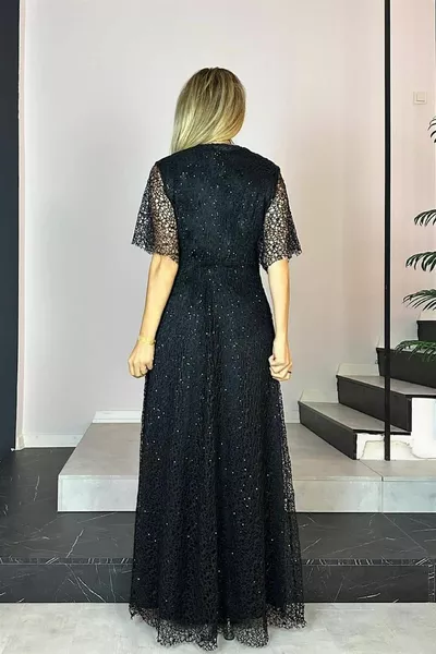  مزدوج الصدر طوق الترتر الدانتيل مساء اللباس الأسود