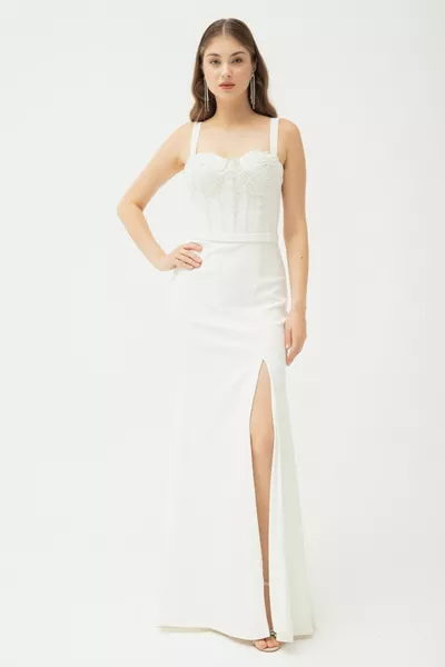 المرأة الحجر الأبيض الباليه مشد مساء اللباس الطويل مع شق