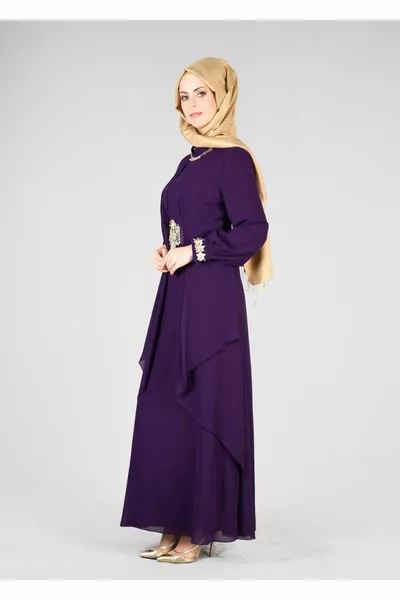 Женская Фиолетовая (K.MOR) T FY Collection - Гипюровое Детальное Вечернее Платье