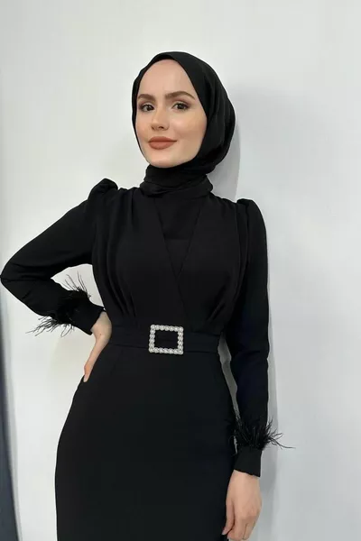 Stell Sleeves Feather Detail Pen Evening Dresses Black