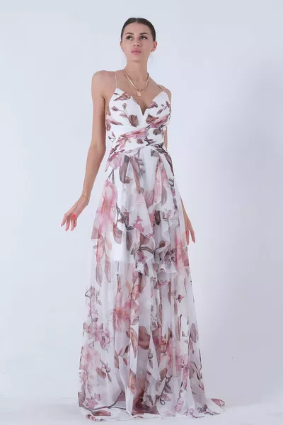 Printed Chiffon Low-Cut Evening Dress Ecru 