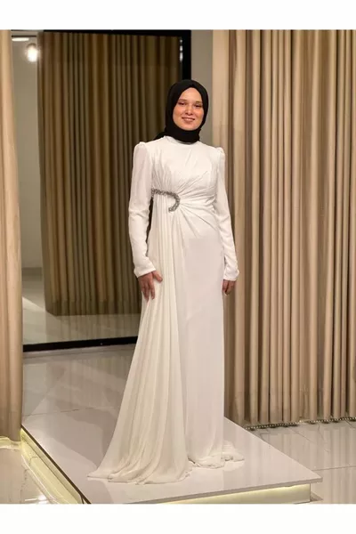 Звезды Новый Сезон Женский Хиджаб Талия Капля Воды Шифон Стильное Вечернее Платье белый