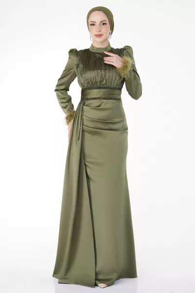 مستقيم القاضي الرقبة المرأة الكاكي الأكمام الريش طوق مطوي مساء اللباس - 
