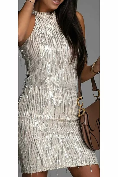 الرسن خط العنق مهدب الترتر فستان صغير