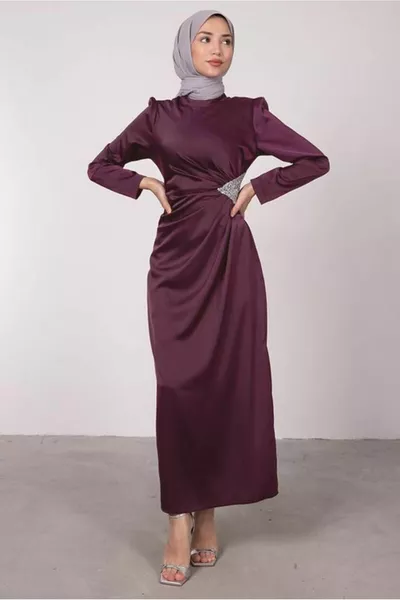 Dames pruimen stenen bedrukte geplooide gedetailleerde avondjurk T 