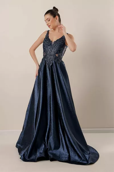 Long Glitter Dress with Beaded Top and Tie Back Lined Navy Blue