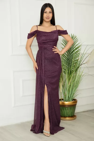 كم منخفض طويل بريق تول مساء اللباس 