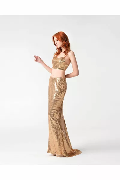Kadın Gold Balık Model Kuyruklu Uzun Payet Etek