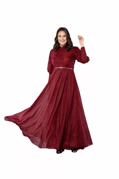 Yaka Ve Kemer Detaylı Simli Tesettür Abiye