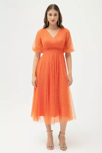 Robe de soirée à paillettes à manches ballon orange pour femmes