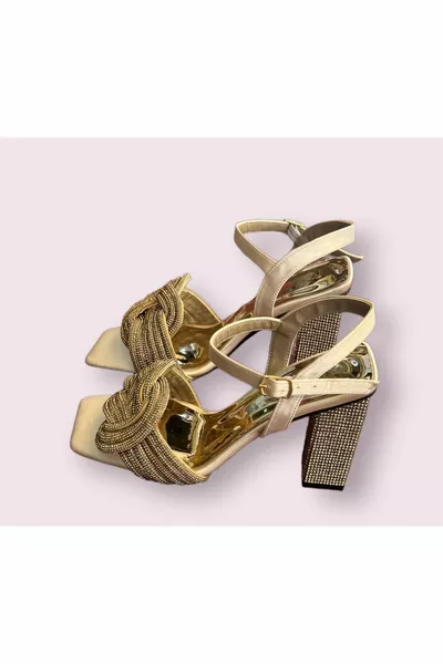 Women's Gold Silver Stone High Heel Sandals