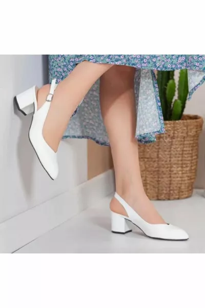 أحذية نسائية جلد أبيض كعب قصير ظهر مفتوح مساء اللباس أحذية كاجوال كلاسيكي كعب 5 سم