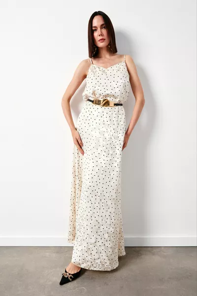 Jupe longue à motifs à pois - BEIGE