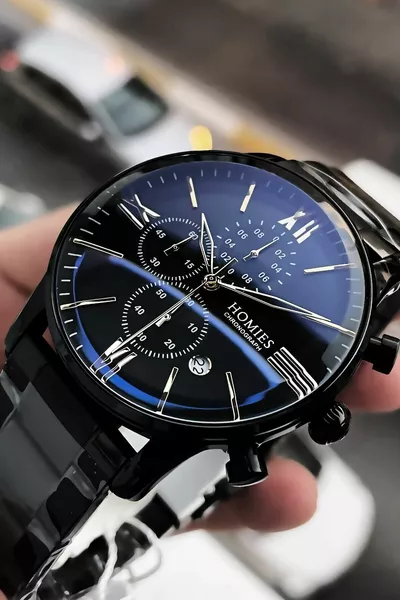 Men's Wristwatch All Functions Active Waterproof Black Color Steel Band Gift Bracelet 