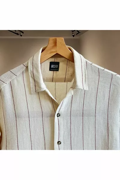 Crème oversized overhemdkraag voor heren linnen overhemd met lange mouwen