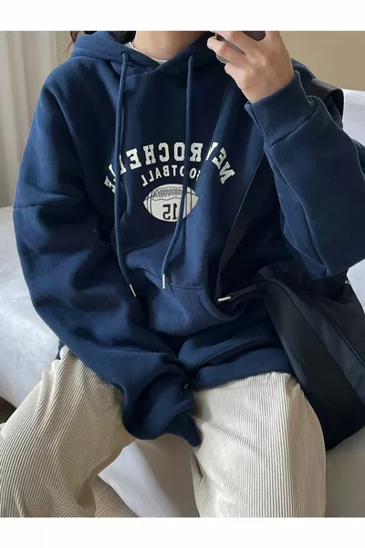 Women's Navy Blue Rochelle Text Printed Oversize Hooded Sweatshirt