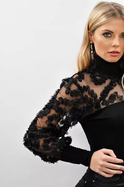 Women's Black Sleeves Tulle Ruffle Accessory Blouse 