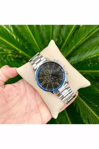 ستيل فضي سوار أسود أرماني موديل لونين ساعة يد رجالية