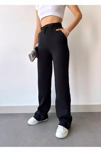 Schwarze Fleece-Winter-Jogginghose mit Schnürung und hoher Taille und weitem Bein für Damen