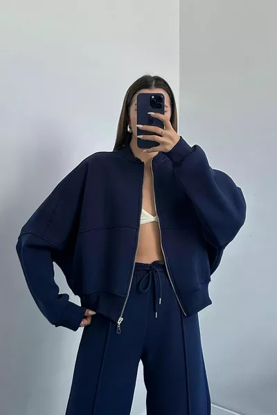 Женский трехнитевой зимний спортивный костюм с подъемом -синий