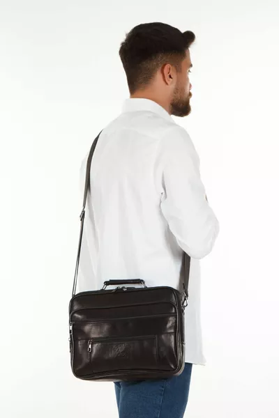 Извънгабаритна мъжка чанта от естествена кожа за ръце и презрамка черна