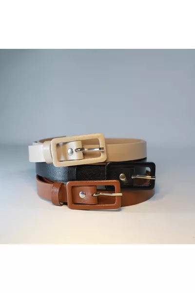 3'lü Dikdörtgen Kaplama Tokalı Kadın Pantolon Kemeri, Ceket Kemeri, Elbise Kemeri, Gömlek Kemeri