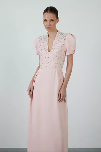 V-Neck Stone Pearl Embroidered Long Salmon Color Evening Dress