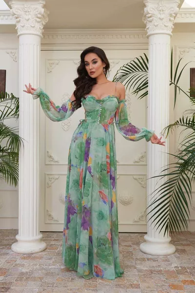 الأخضر مشربة بالون الأكمام مساء اللباس الطويل