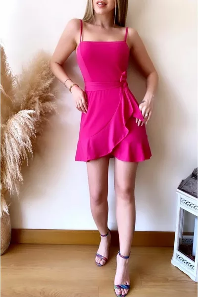 Women's Fuchsia Color Ruffle Detailed Belted Asymmetrical Cut Strap Mini Dress Evening Dress