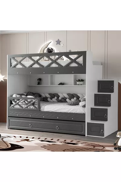 Letto a castello Mars con cassettone, antracite & bianco, struttura in acciaio con rivestimento in membrana, 100% MDF