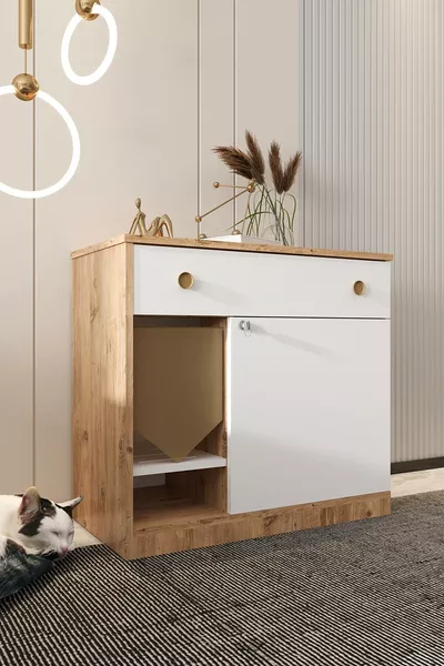 MONA Wooden Cat Litter Box with Drawer - Lockable Lid - Includes Entry Fabric - Litter Tray Not Included - A.ÇAM-WHT