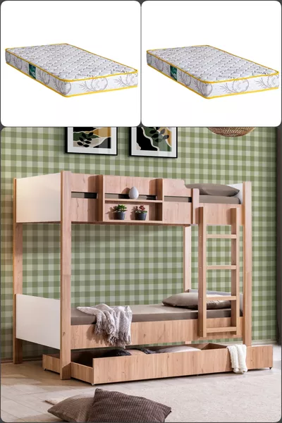 Letto a castello, Letto a castello separabile per bambini, Noce - Bianco + 2 Materassi Comfort