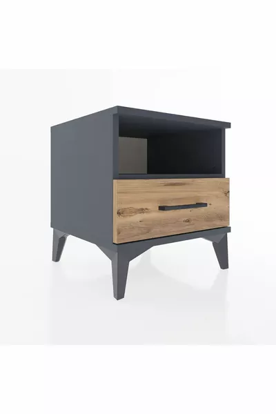 Hyperion Nachtkastje met Enkele Plank en Enkele Lade Antraciet-Spar