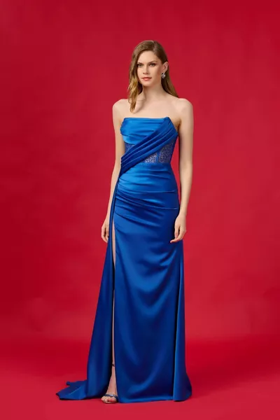 Blue Sax Strapless Neckline Draped Chest And Waist Draped Tail Dress