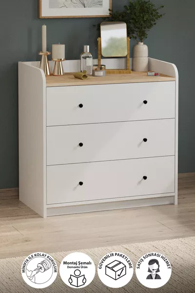 3-Drawer Chest of Drawers, 6-Compartment Wardrobe, Bedroom Cabinet, Begüm Sapphire Oak White