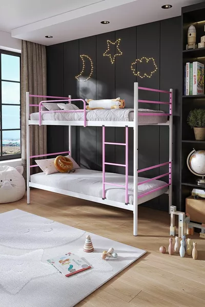 Горна и долна двойна кошара Trend, съвместима с матрак, светлорозова, разглобяема метална кошара