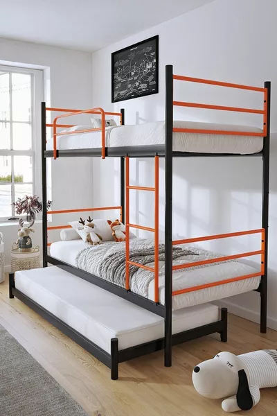 Trend Bunk Bed with Bed Compatibility, 3-Person Orange Metal Bunk Bed Frame