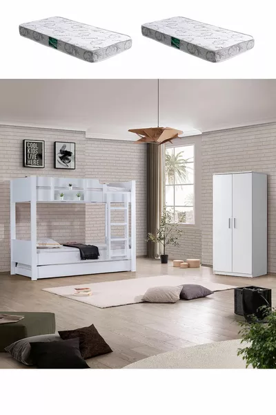Ranza, Asya Ayrılabilir Yavrulu Ranza 2 Kapaklı Dolap, Beyaz 2 Adet Comfort Yatak