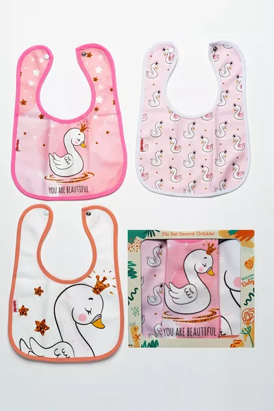 Bavaglino in microfibra a tema cigno, quadrato, 3 pezzi, con chiusura a scatto impermeabile, nella propria confezione