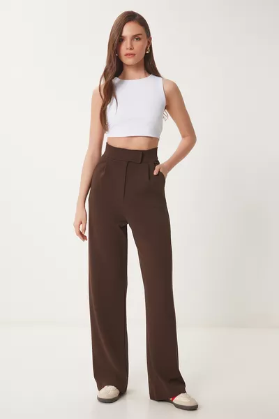 Pantalon Palazzo confortable à taille réglable avec scratch MARRON 