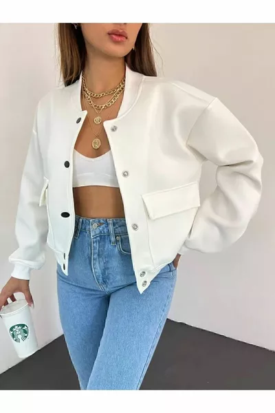 White Bomber Jacket with Pockets