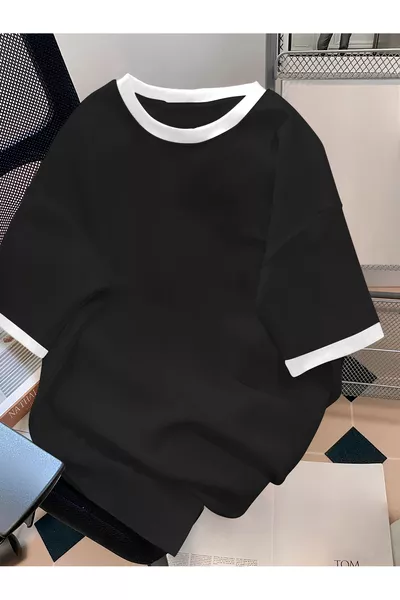 تي شيرت للجنسين للرجال/النساء، أسود وأبيض، بياقة عادية، واسع، قطن